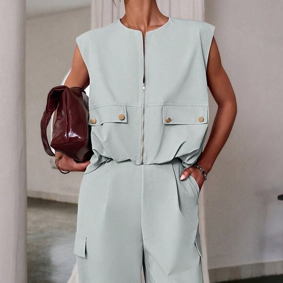 Light Blue Casual Women's Zipper Sleeveless Top And Long Pants Coord Set - Picture 2 of 4